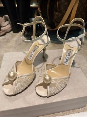 Jimmy Choo Ivory Lace Open-Toe Ankle-Strap Heels with Pearl Accent